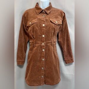 Kittenish‎ Spiced Brown Corduroy Dress Sz Small Long Sleeve Above Knee Button Up